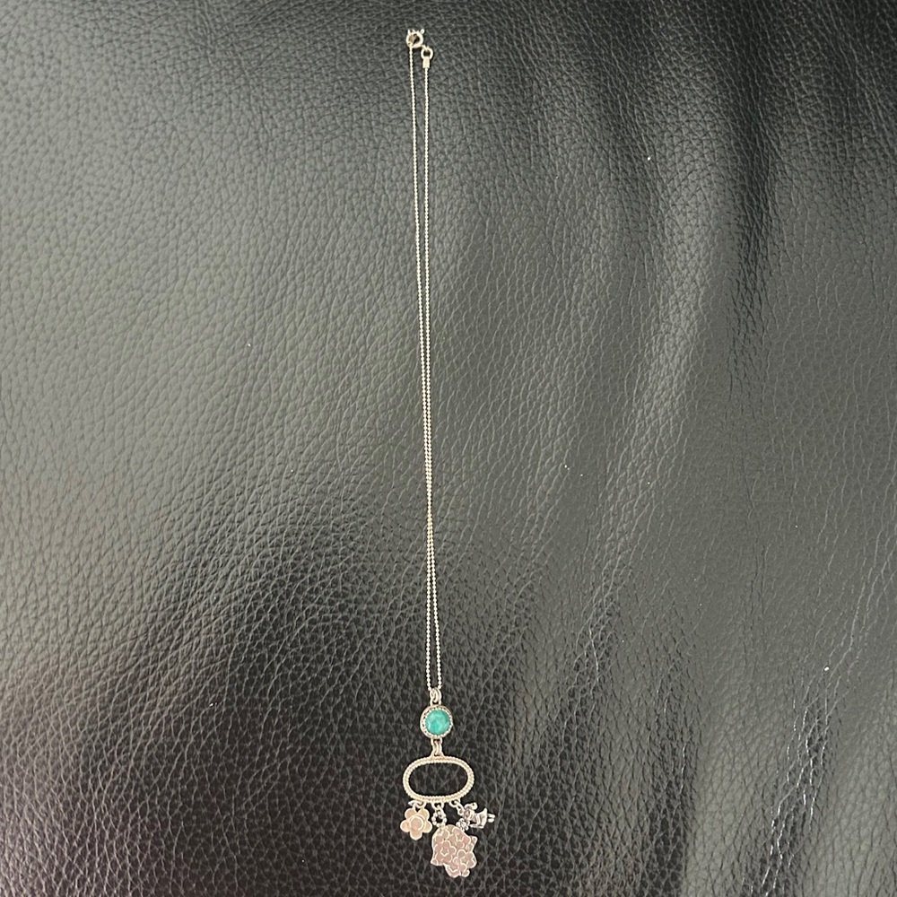 Silver Necklace with Turquoise Accent stone and Charms-Khamsa, flower and girl